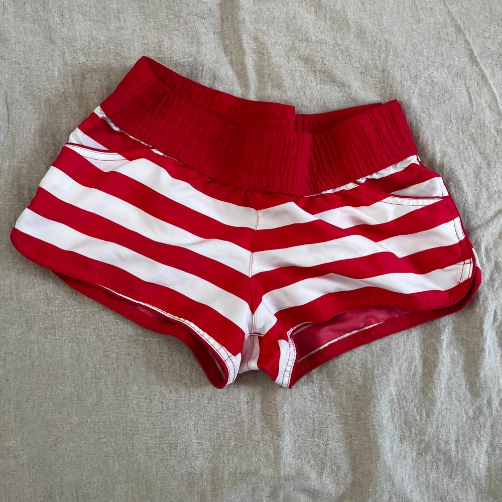Xhilaration swim shorts, red and white striped, Medium